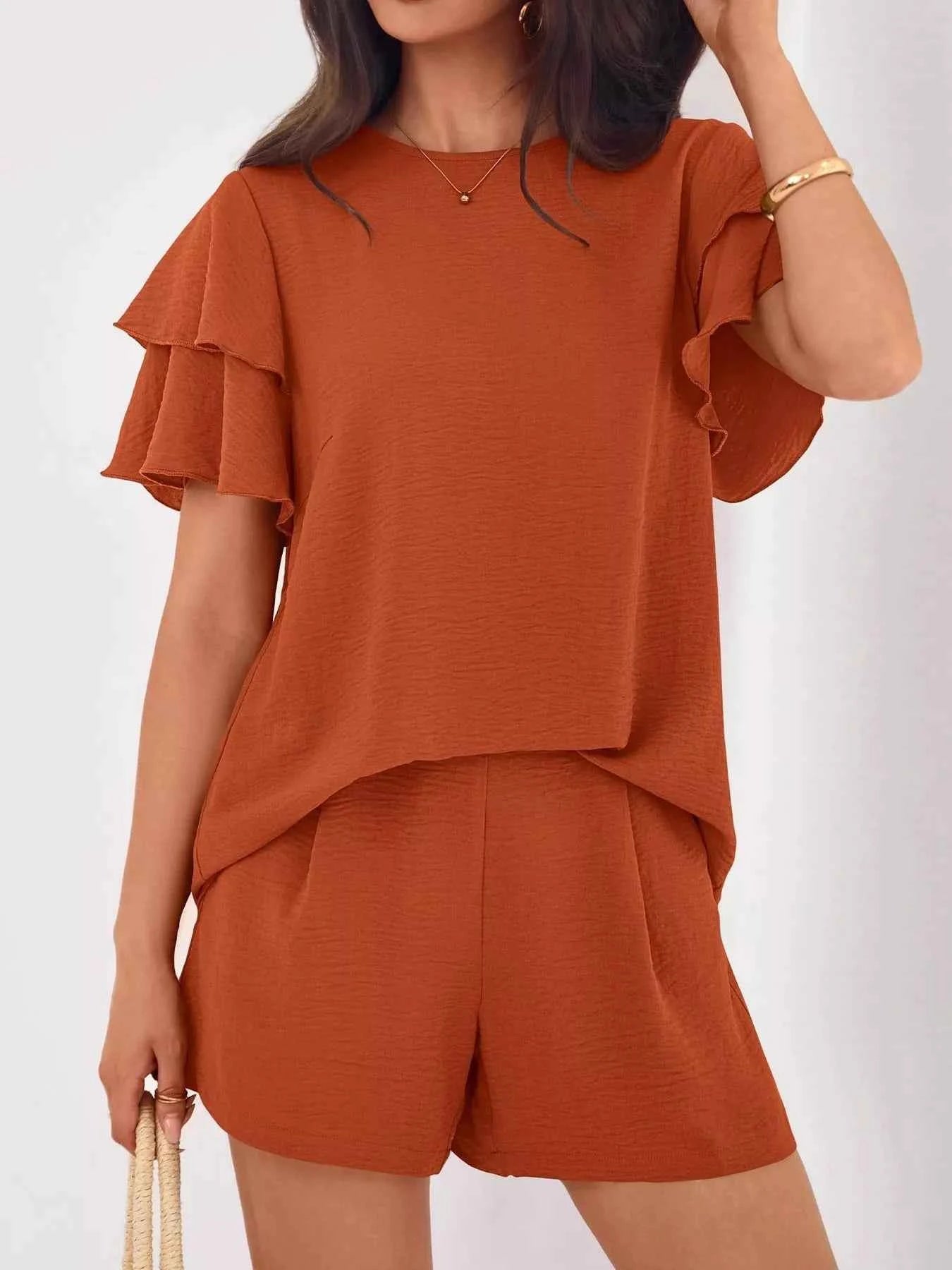 Ruffle Sleeve Top and Shorts Two-Piece Set fd0472245590446b80e1f39da17742e6-Max-Origin