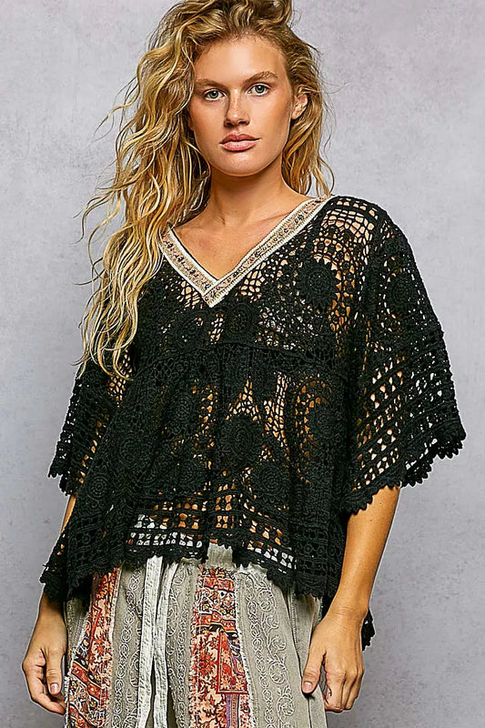 POL V-Neck Crochet Top with Scalloped Hem BLACK One Size fd0485d9-7842-4e59-83dd-28372ccc4324-Max-Origin