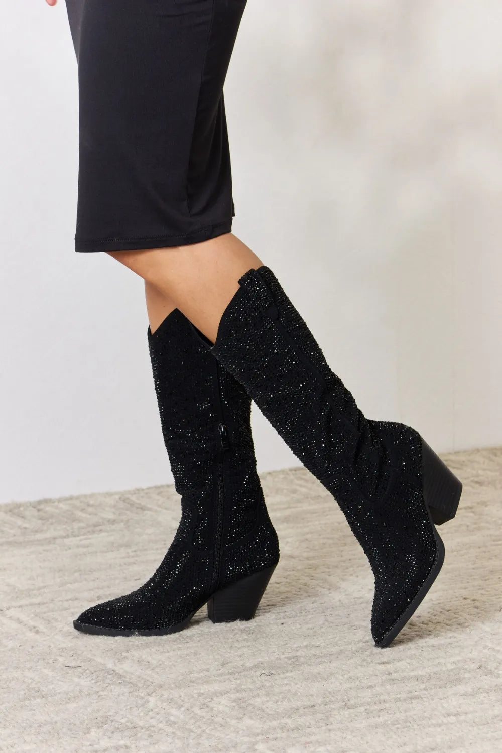 Forever Link Rhinestone Knee High Cowboy Boots Black fd080061f5e54a82a2dde373b0d8b135-Max