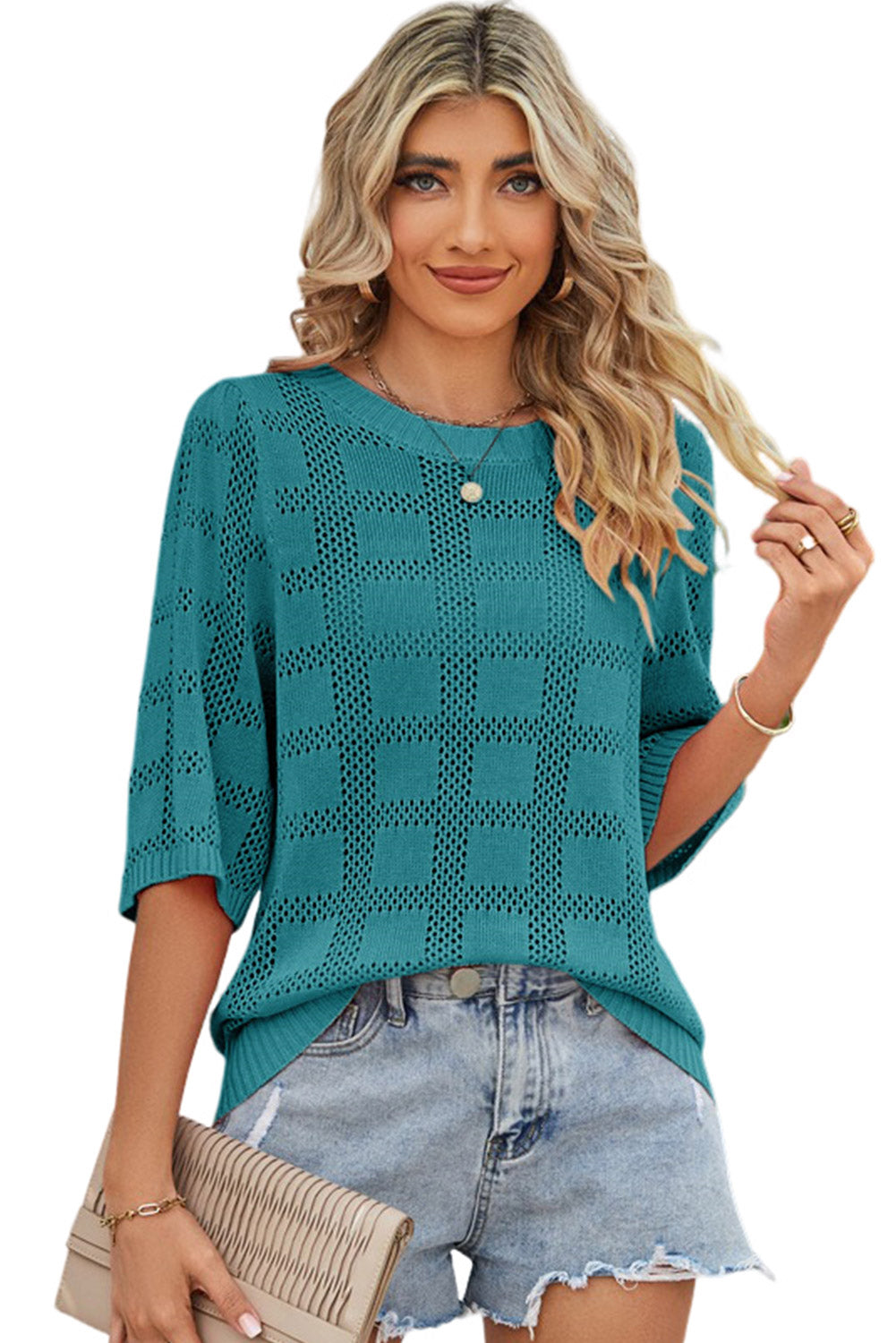 Skobeloff Plaid Pattern Crochet Knit Short Sleeve Sweater fd09426b35edf003