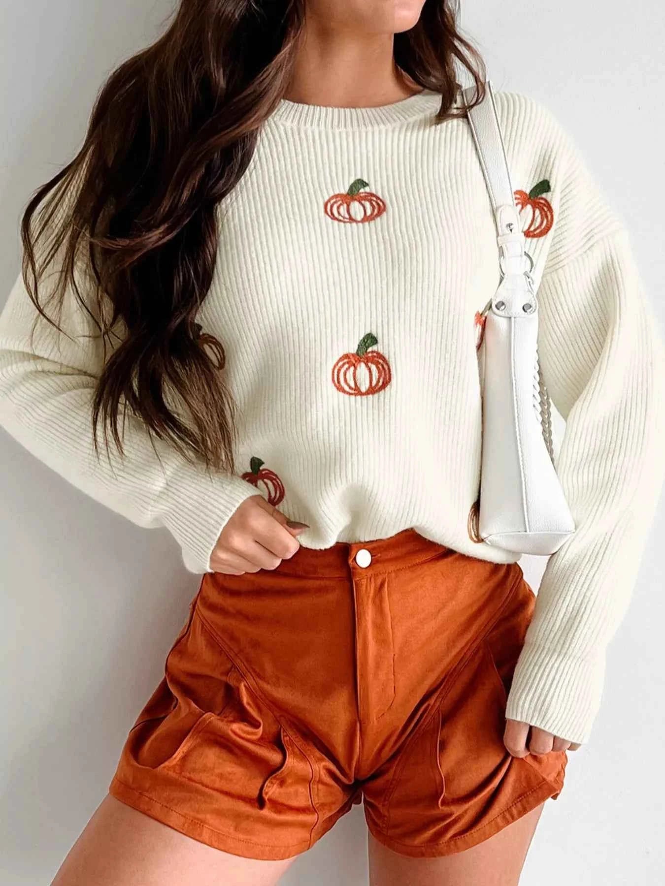 Halloween Pumpkin Embroidered Round Neck Long Sleeve Sweater Cream fd0d89e9-572d-4bb5-99f5-0e8f27a4b53a-Max-Origin