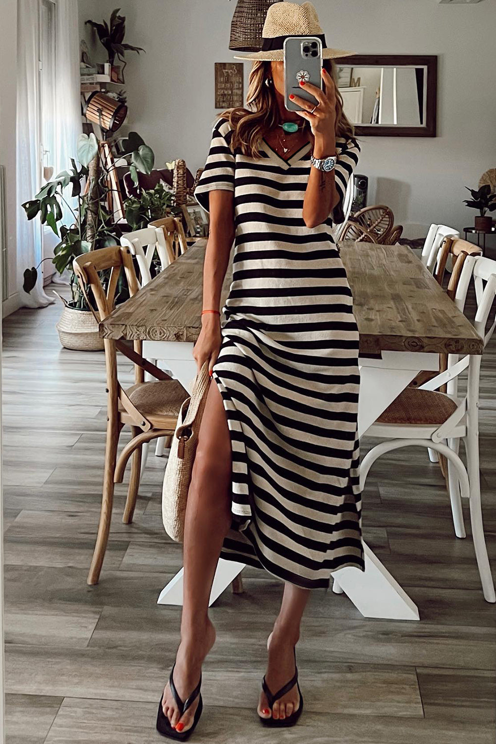 Black Casual Striped Print V Neck Side Split Maxi Dress fd0da6dc87ee5770
