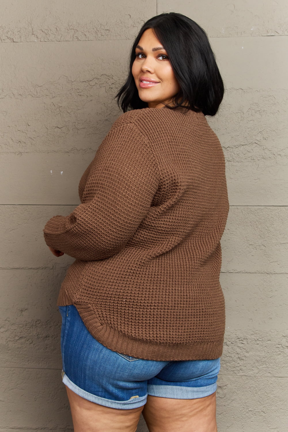 Zenana Breezy Days Plus Size High Low Waffle Knit Sweater fd0e0a44e9804aee92743bd5e33e6e8f-Max