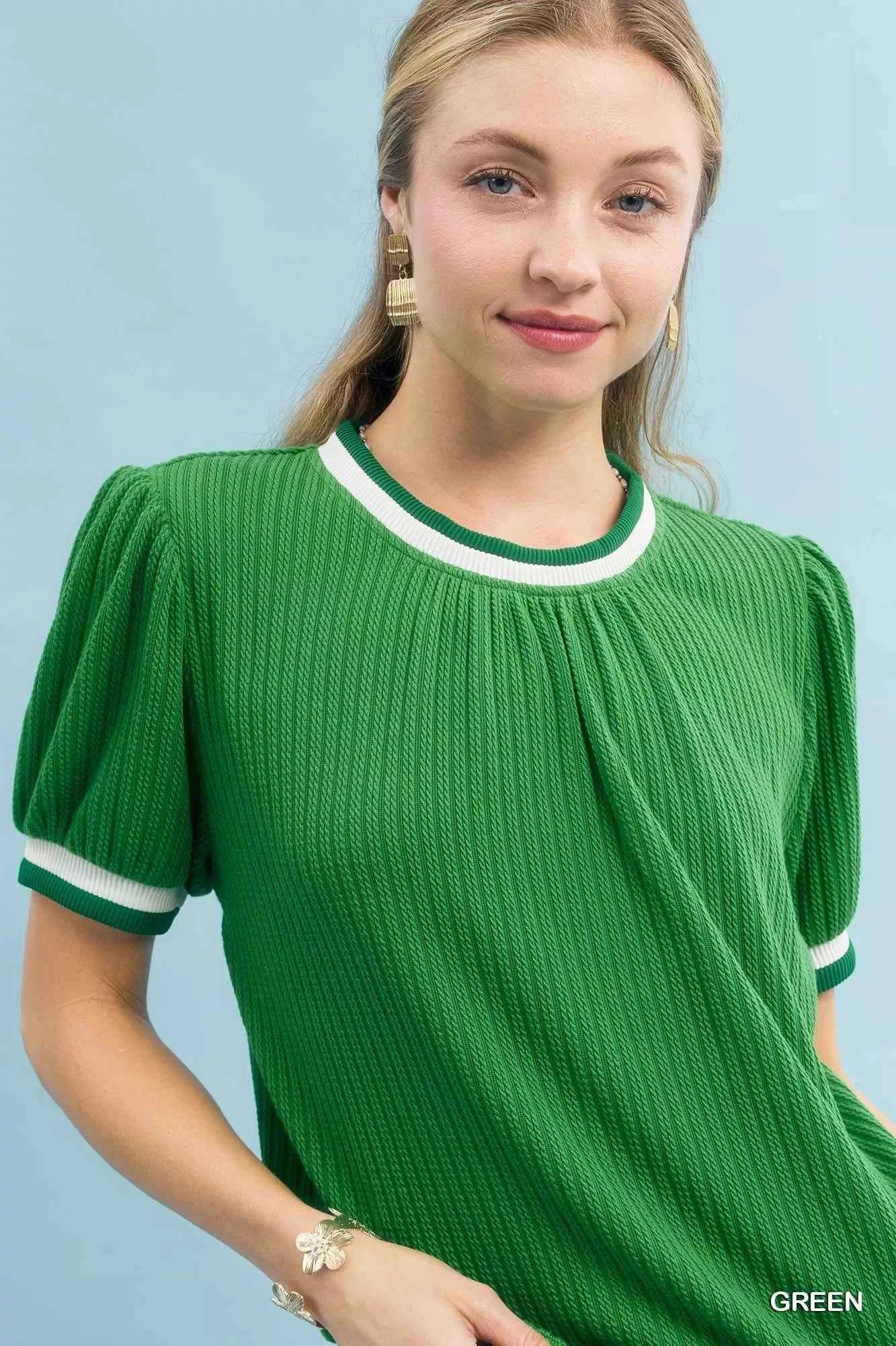 Umgee Puff Sleeve Knit Top with Contrast Rib Trim fd0f9eac-2156-4e5e-a401-6d5770797187-Max-Origin