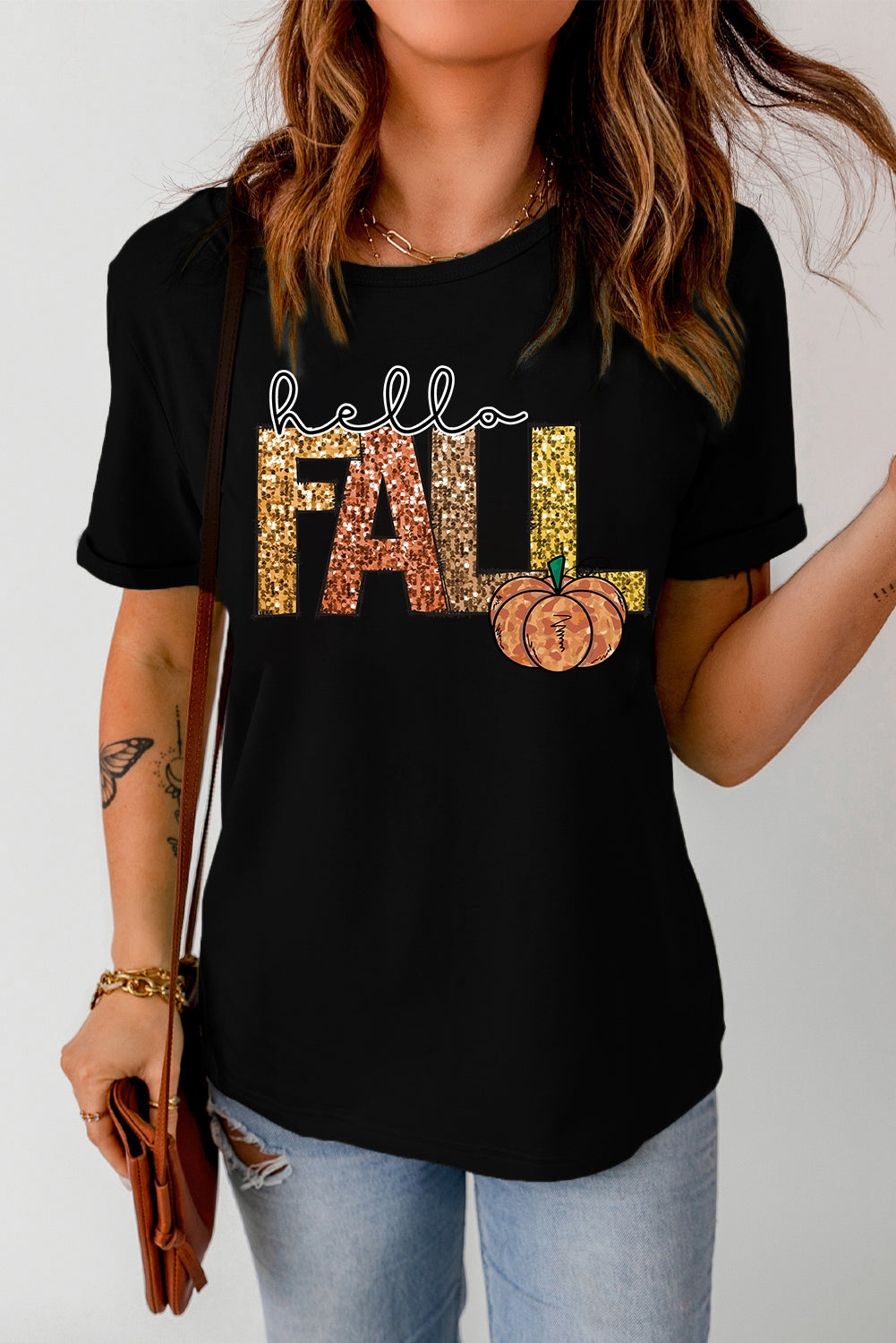 Black Hello Fall Letter Pumpkin Heat Transfer Printing T Shirt Black 62%Polyester+32%Cotton+6%Elastane fd10aba61c67fbaa