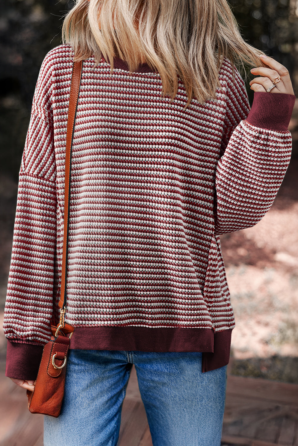 Red Stripe Ribbed Trim Drop Shoulder Long Sleeve Oversized Top Red Stripe 97%Polyester+3%Elastane fd14ba89f0ef22ba