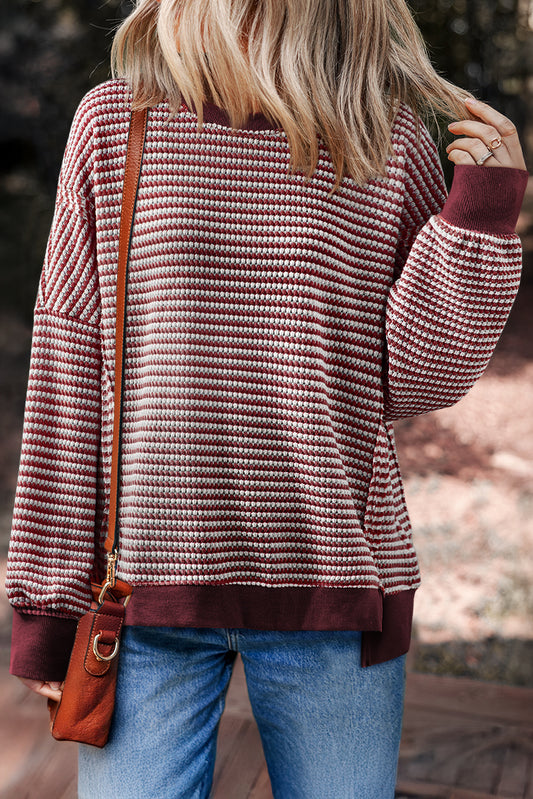 Red Stripe Ribbed Trim Drop Shoulder Long Sleeve Oversized Top Red Stripe 97%Polyester+3%Elastane fd14ba89f0ef22ba