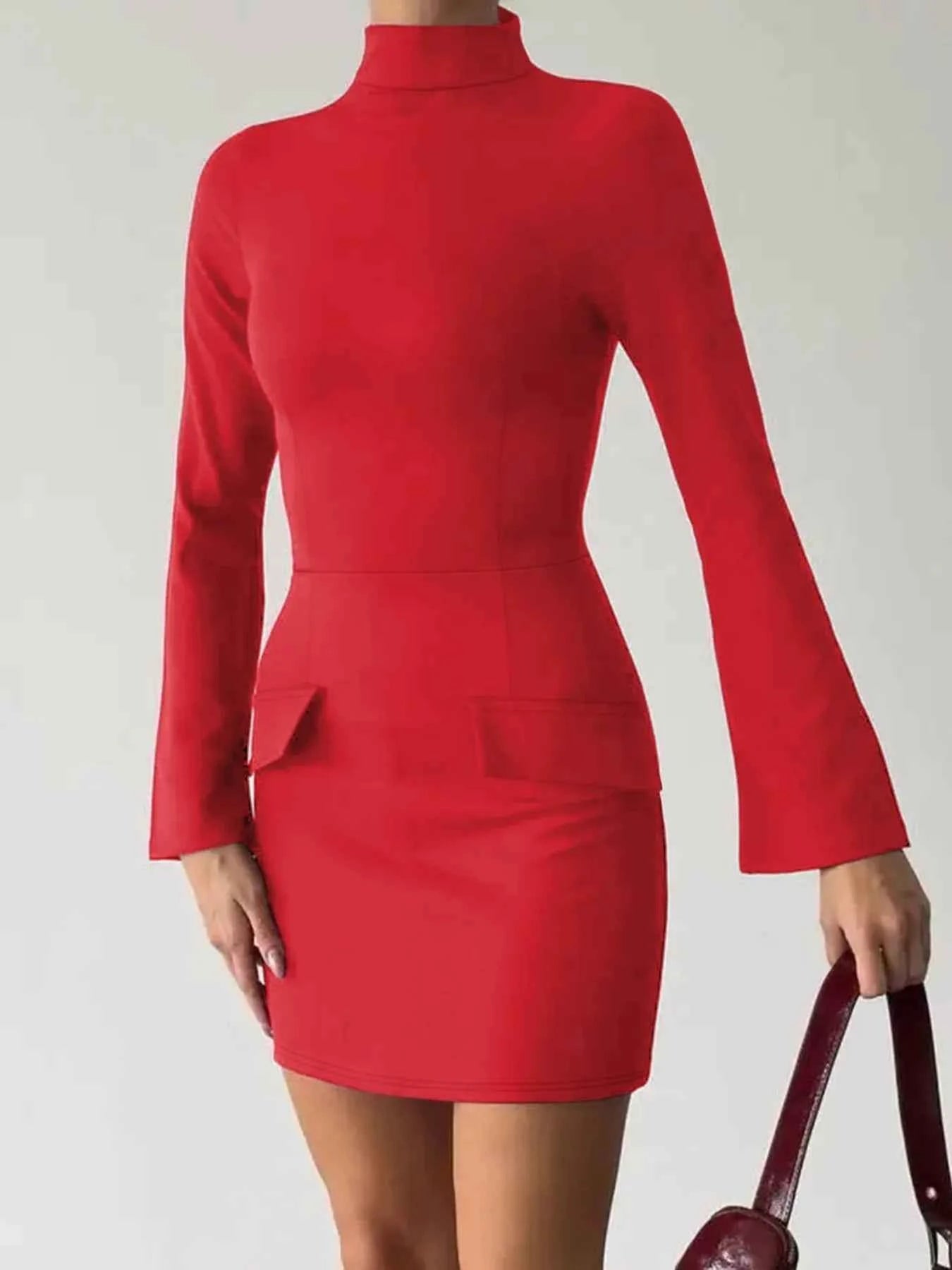 Long Sleeve Bodycon Mini Dress with Pockets Burgundy fd168556-dc68-4568-a22e-3fe681a9e938-Max-Origin