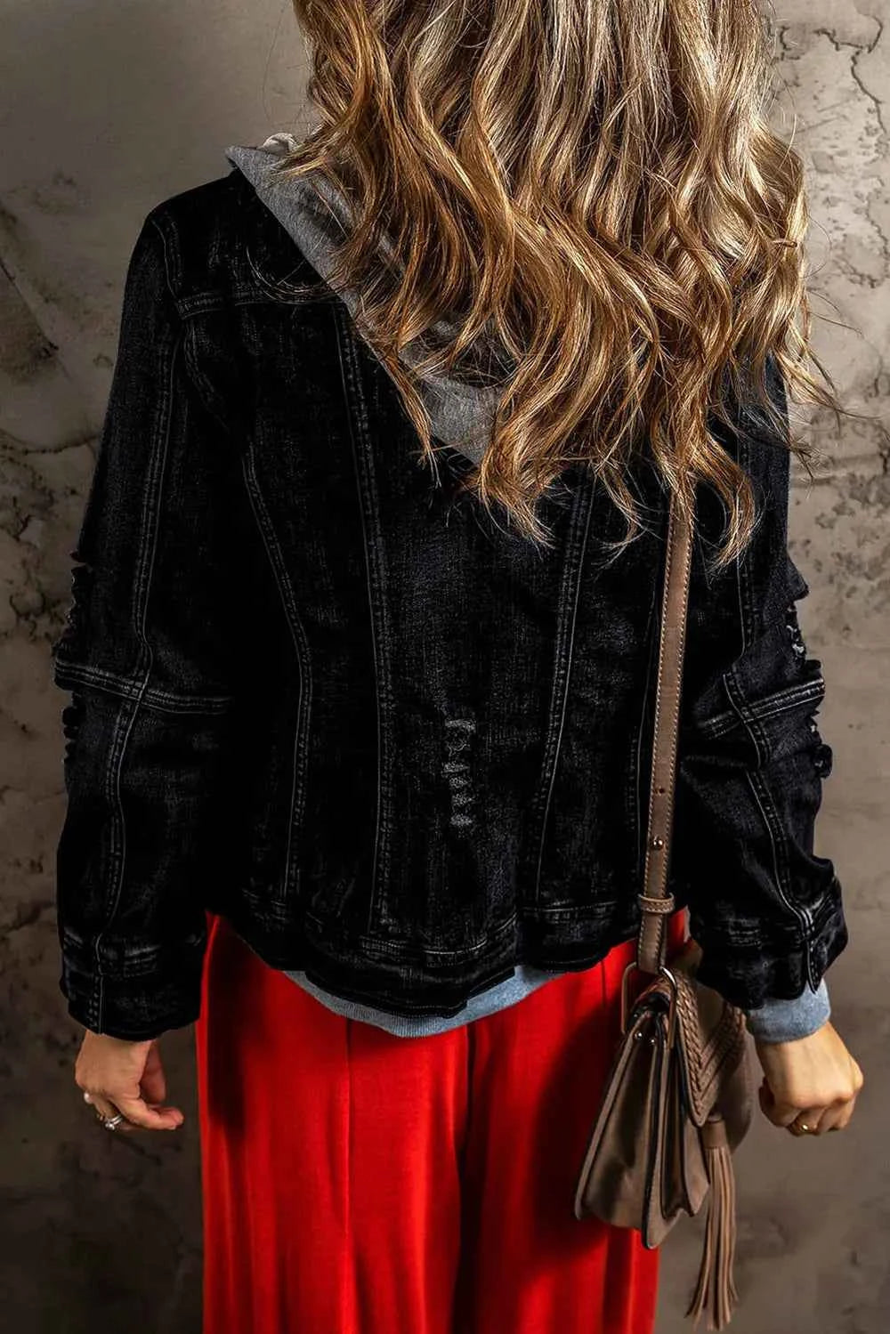 Fake Two-Piece Hooded Zip-Up Denim Jacket fd18c56c2d544249afc16659f660e18e-Max
