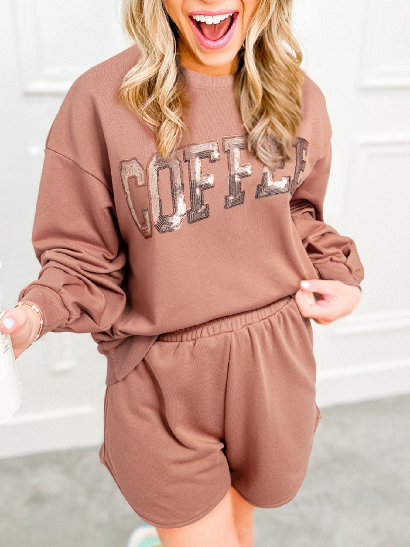COFFEE Round Neck Sweatshirt and Shorts Set Ochre fd1dbf15-bde2-4962-abef-6956df18bfa8-Max