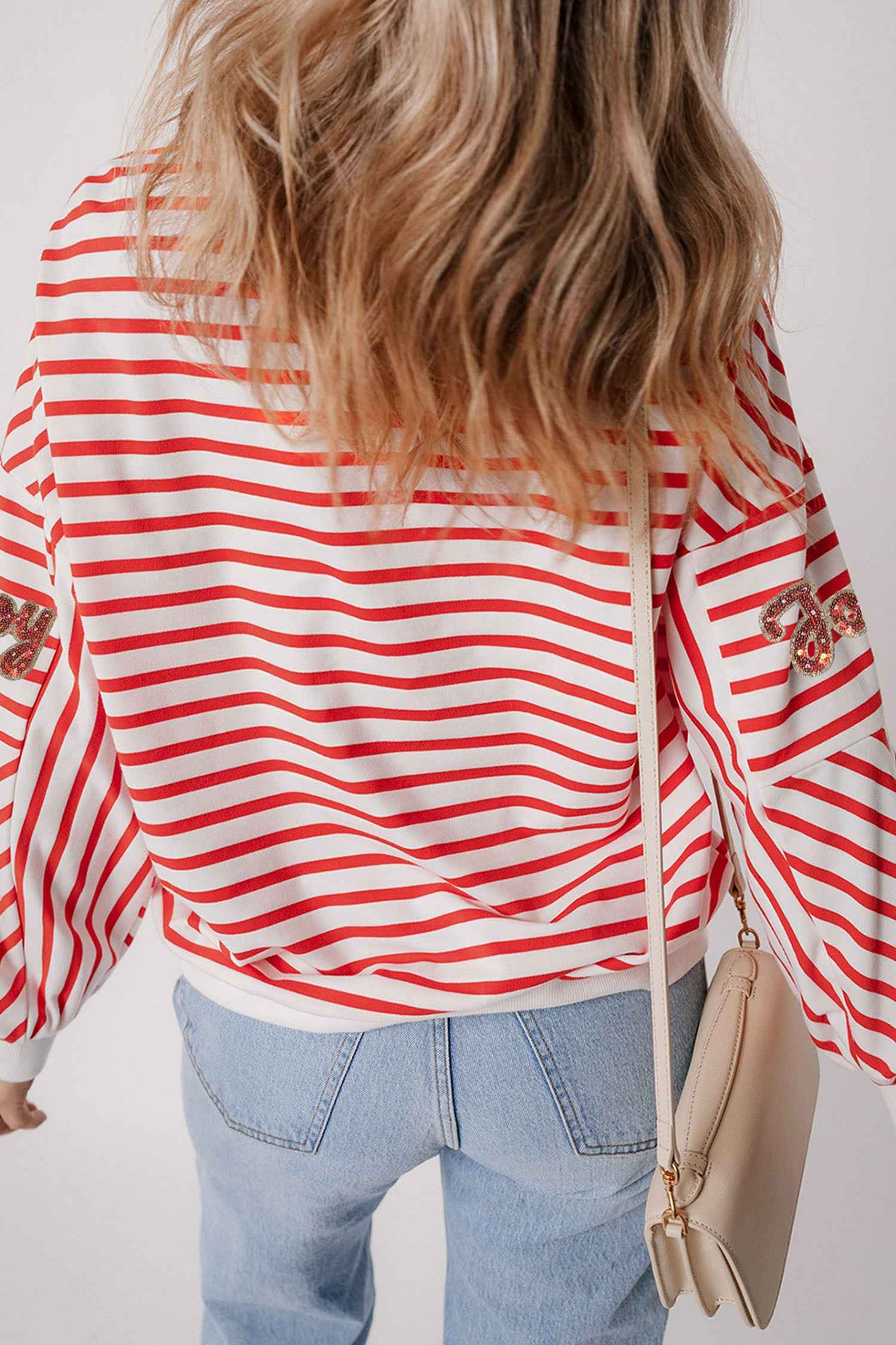 Orange Stripe Sequined Joy Pattern Patchwork Sleeve Round Neck Sweatshirt fd23fbaf6f23224b