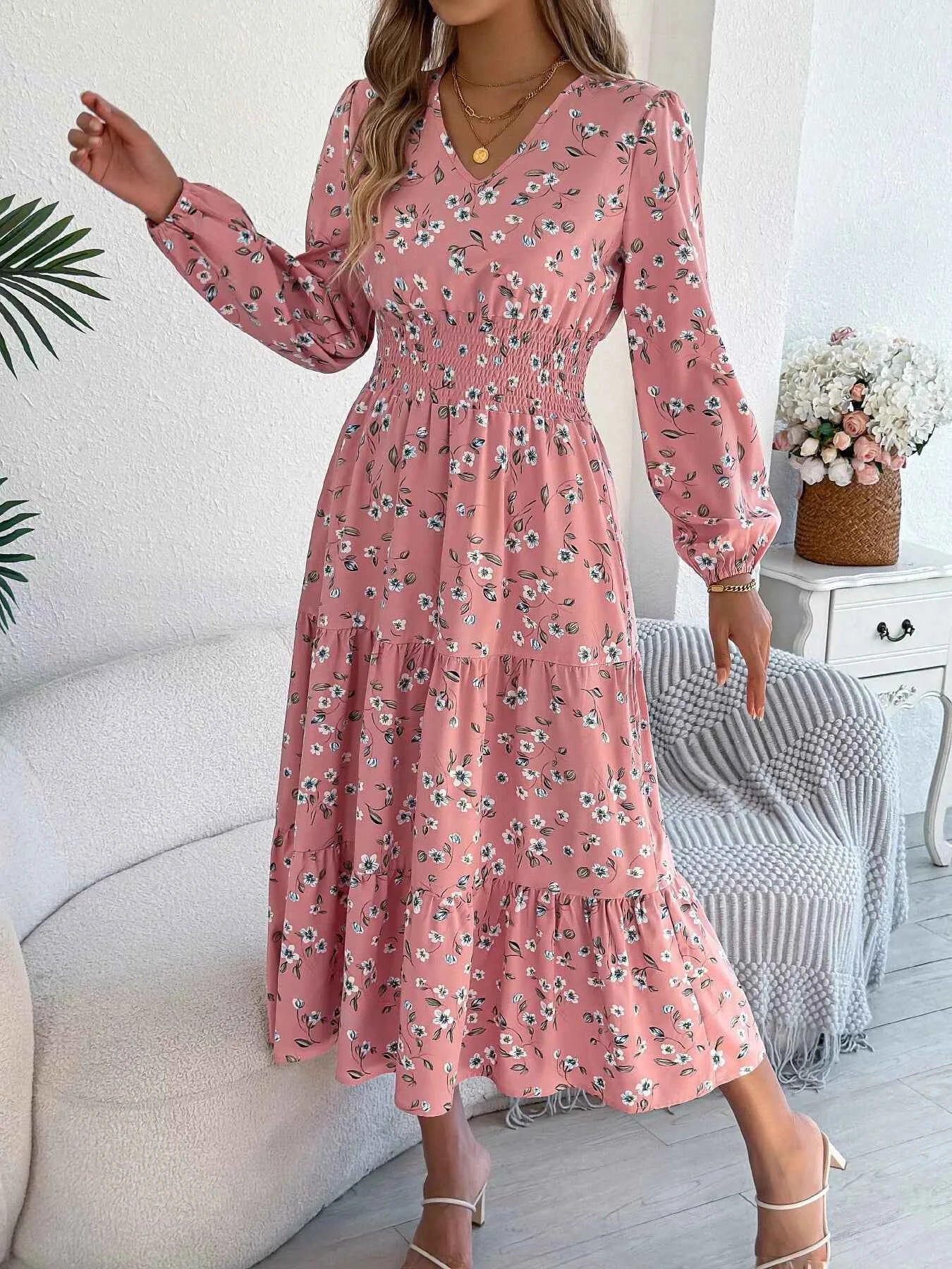 Floral Print Long Sleeve V-Neck Midi Dress fd246535d98c41779f0bd0de1190c4bc-Max-Origin