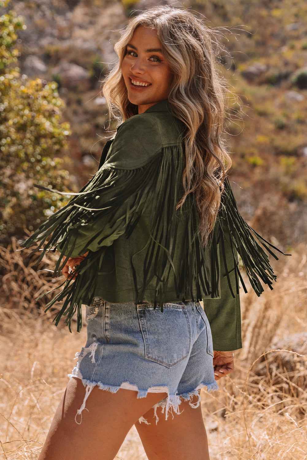 Green Cropped Fringe Faux Suede Jacket fd24ce3907d2001c