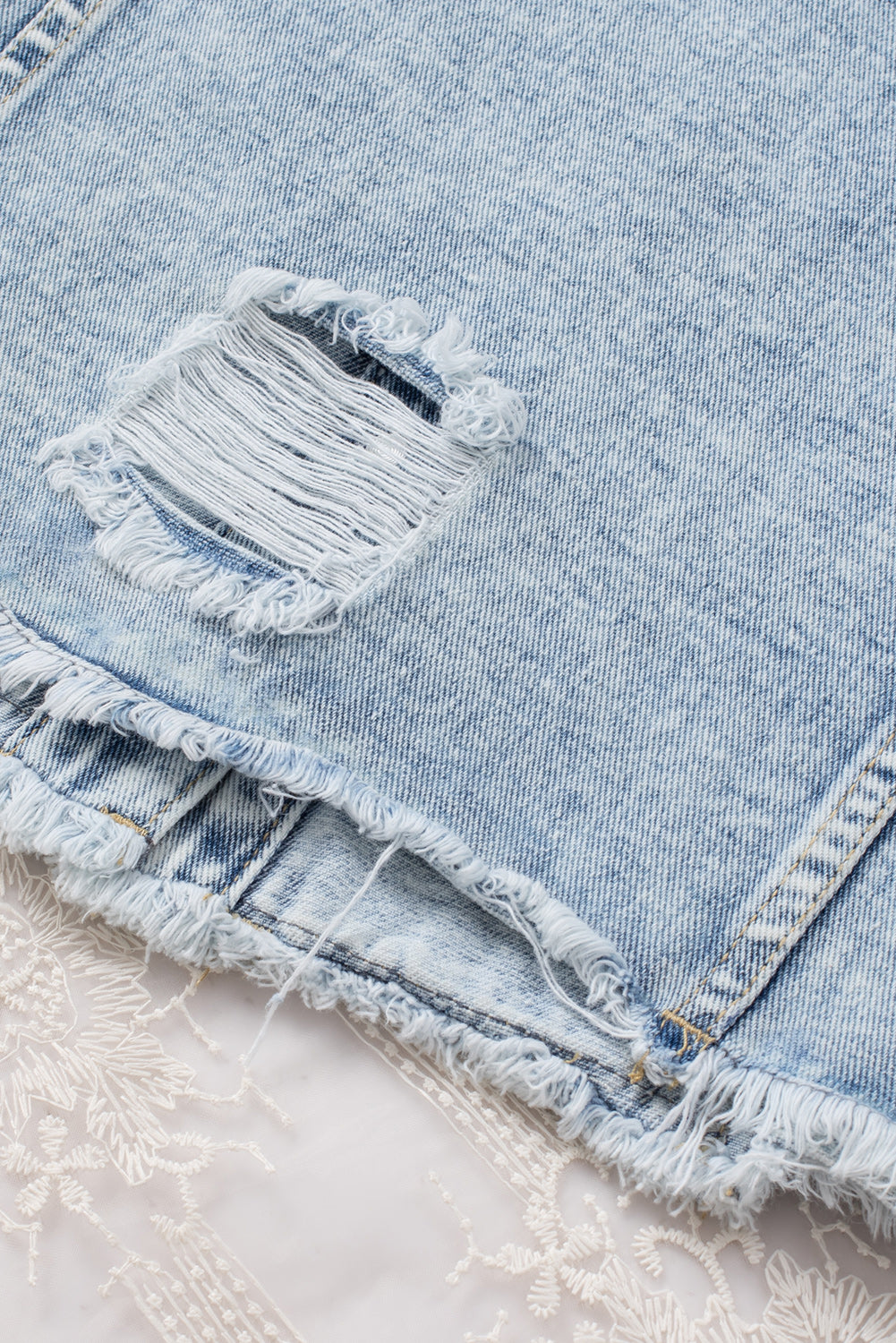 Light Blue Distressed Ripped Raw Hem Buttons Denim Jacket fd254075337ddbc0