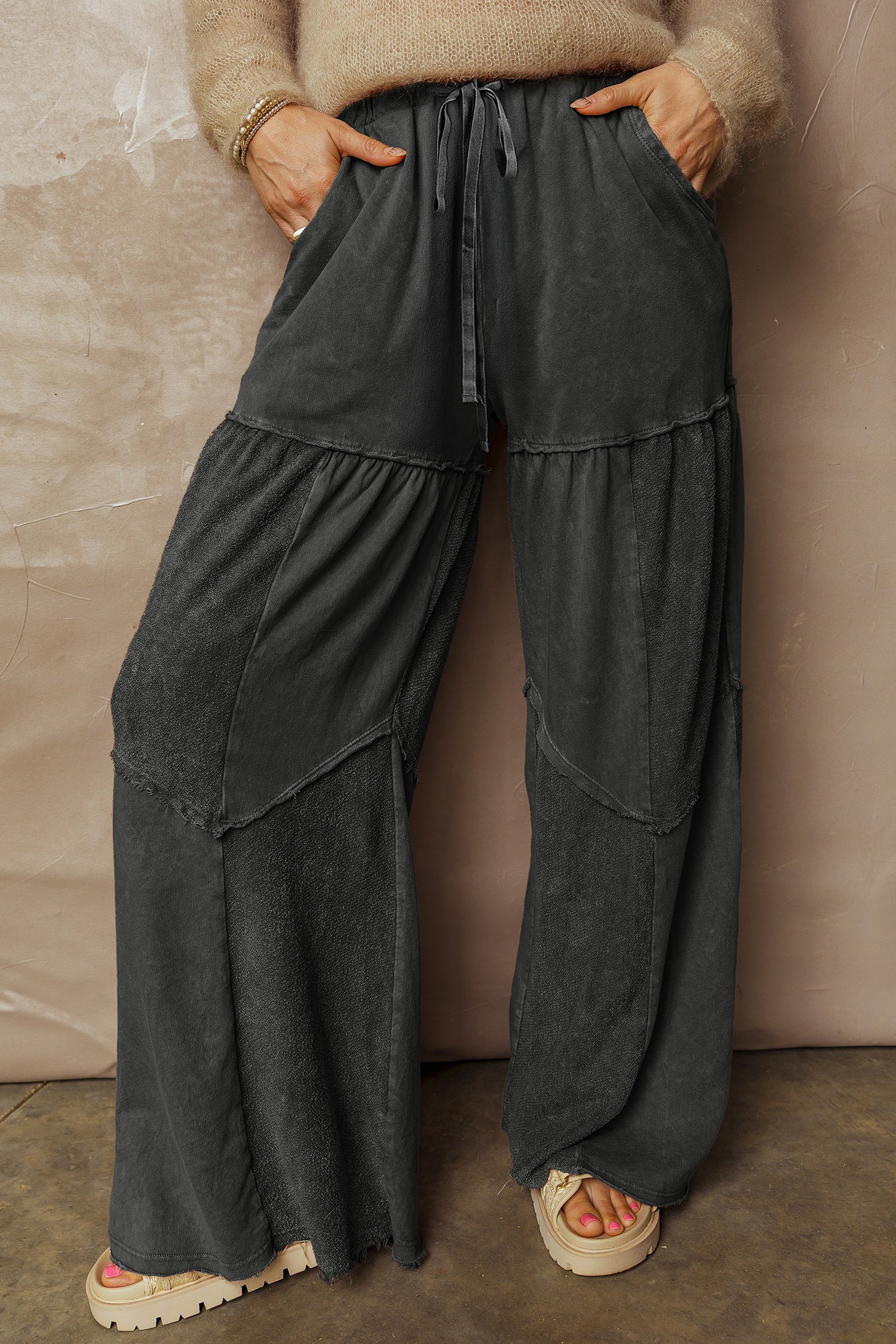 Black Mineral Wash Tiered Wide Leg Patchwork Drawstring Pants fd2990daf7fd0a07