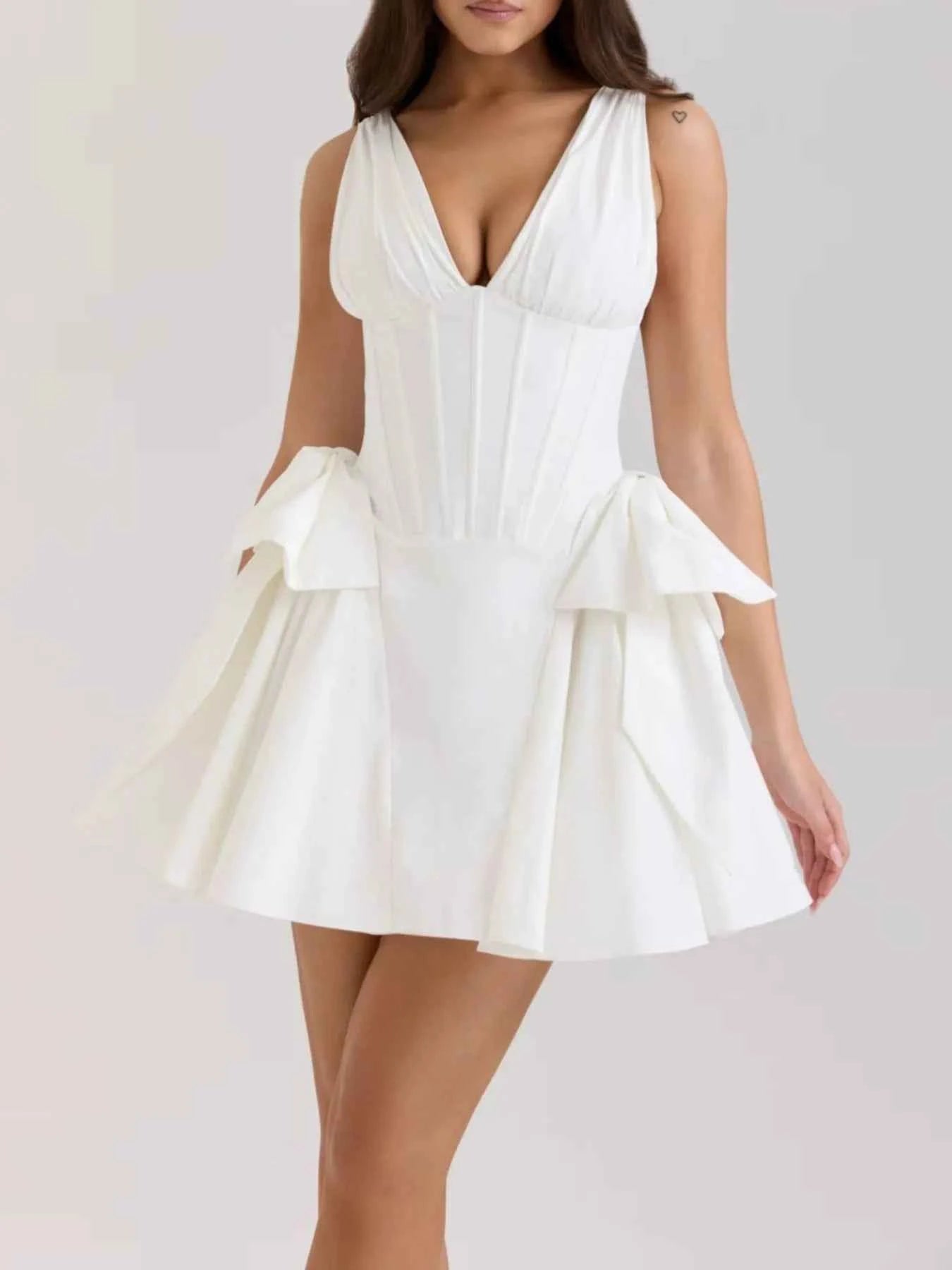 Bow V-Neck Sleeveless Mini Dress White fd2a9a4a-8329-448a-bcc1-87add1d967b0-Max-Origin
