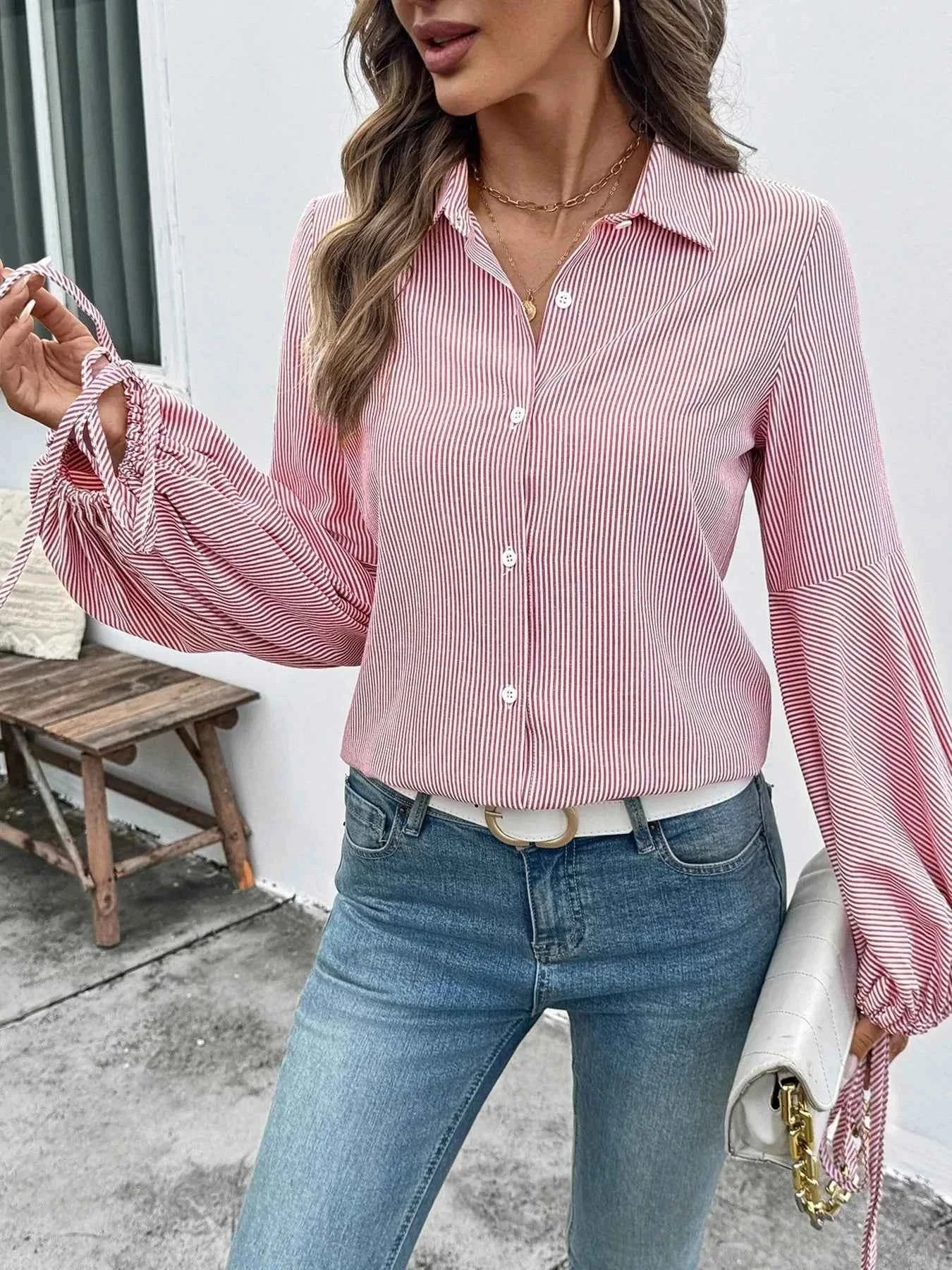 Striped Balloon Sleeve Button-Up Shirt fd2c69023d0149859614cdc36f5187b7-Max-Origin