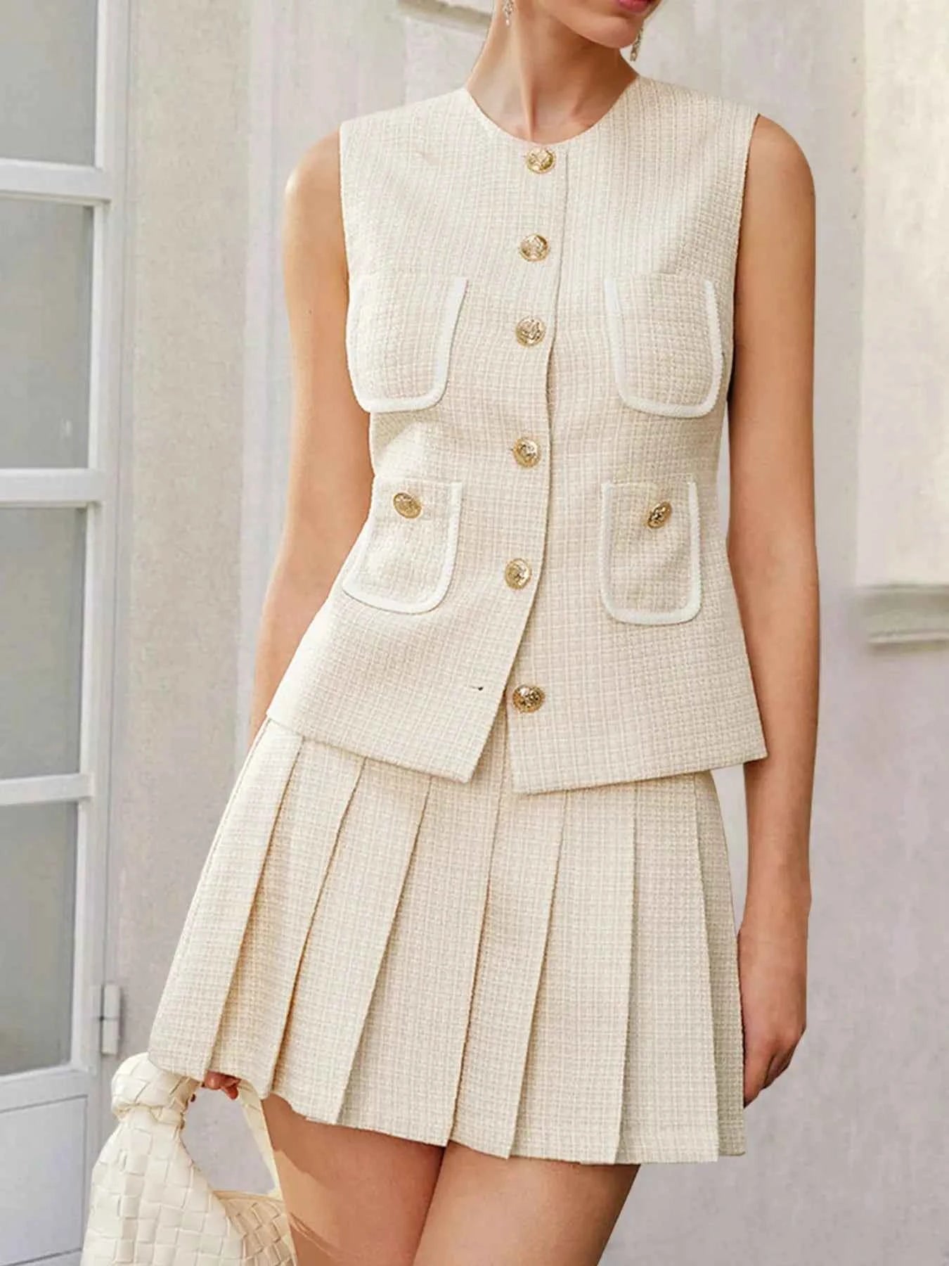 Tweed Button-Front Vest and Pleated Skirt Set fd2df969-4f45-41fd-9ab8-f05aee12a217-Max-Origin