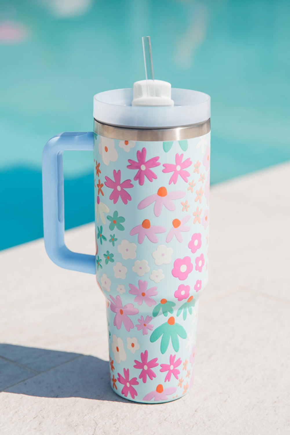 Beau Blue Cute Flower Print Handled Cup with Straw 40oz fd2e53195861c193
