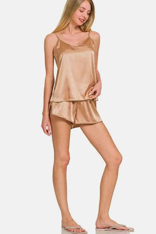 Zenana V-Neck Satin Cami and Elastic Waist Shorts Lounge Set fd3143c2-564d-4c59-8aa6-ddda97b169ef-Max