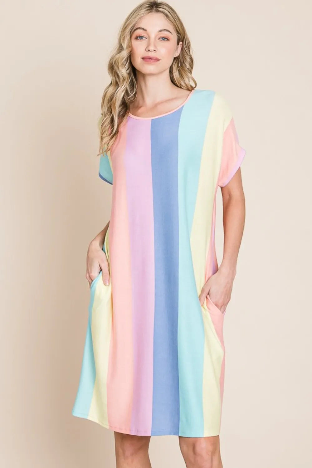 BOMBOM Striped Short Sleeve Dress with Pockets Stripe fd323026-c789-4878-99bd-17f8846355f2-Max