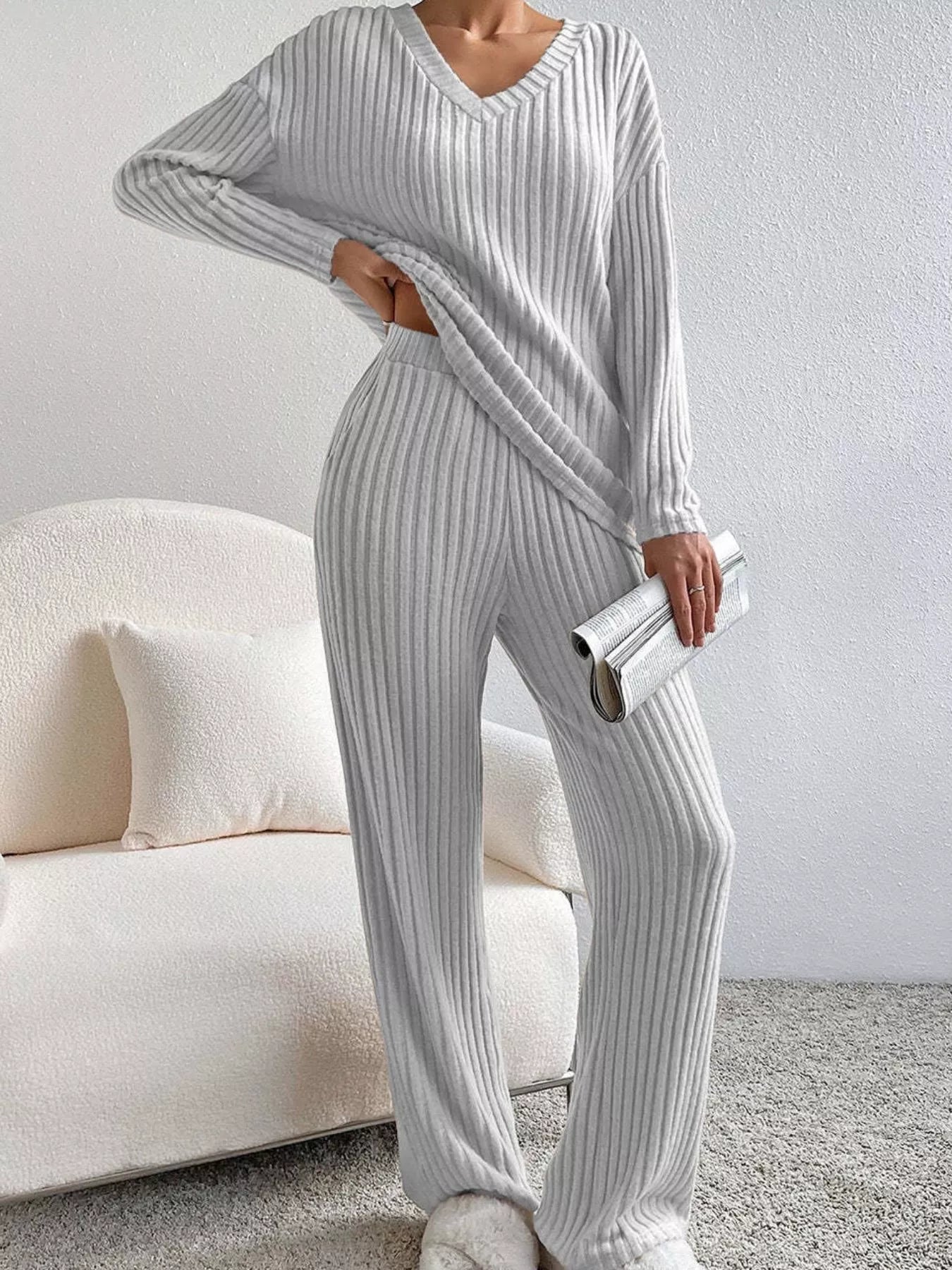 Ribbed V-Neck Top and Pants Set Gray fd32b38b-13c0-496f-93fb-bf77776265fc-Max-Origin