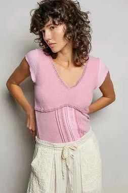 POL V-Neck Lightweight Textured Short Sleeve Knit Top with Lace Trim fd35b6d4-f117-4fcf-82f0-84507f164c62-Max-Origin