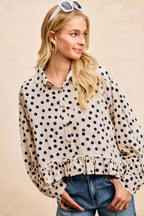 BiBi Crinkle Polka Dot Ruffled Hem Button Up Shirt Top fd3607d053ac471e827f7e2a185c79ea-Max-Origin