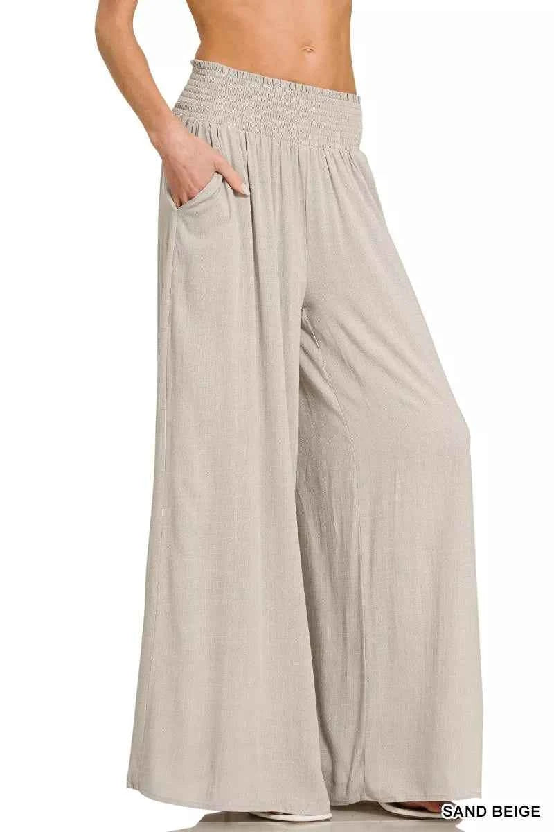 Zenana Smocked Waistband Wide Leg Lounge Pants SAND BEIGE fd3820f3ab7d46eebb097b888615e318-Max-Origin