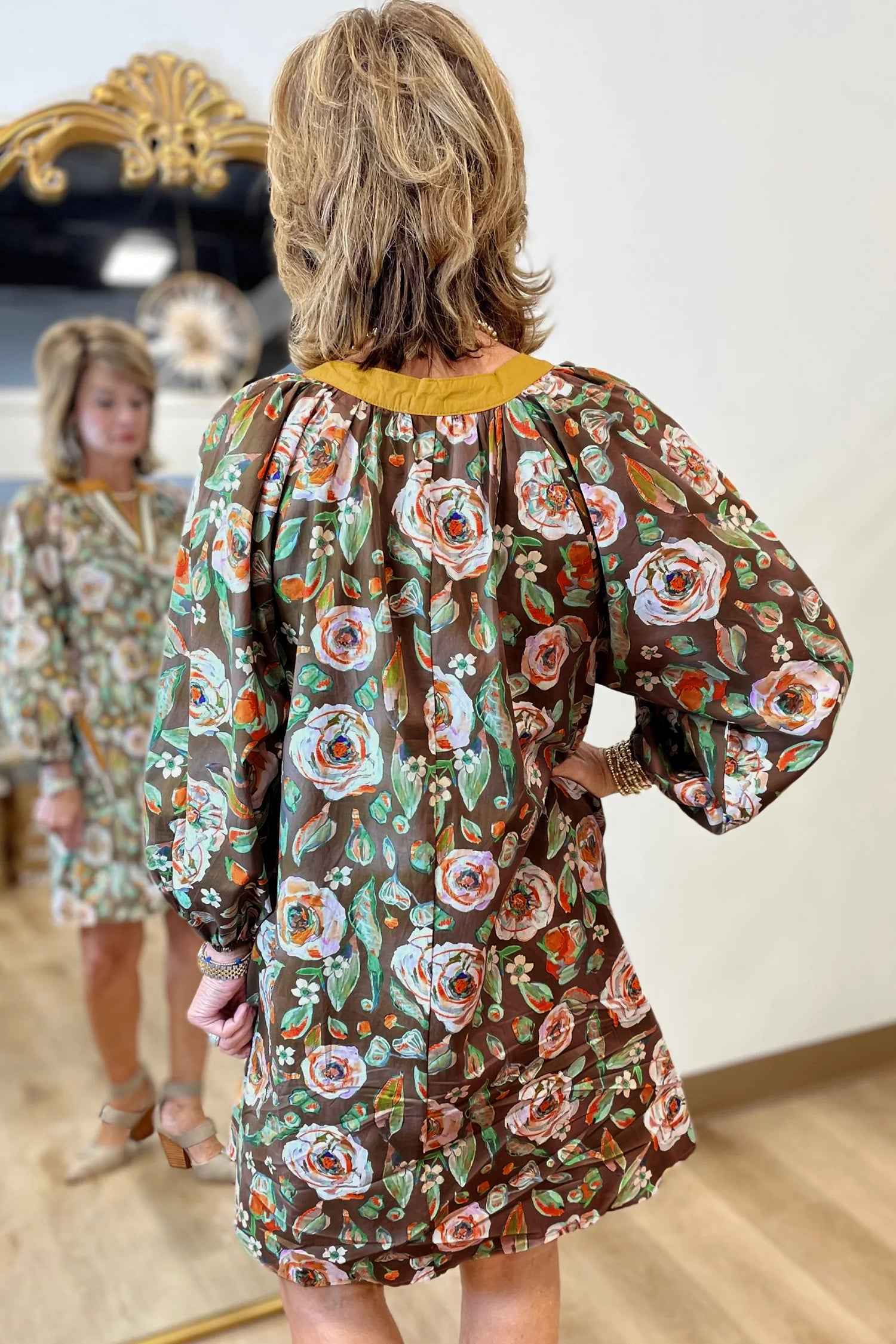 Brown Floral Print Contrast Trim V Neck Pocketed Long Sleeve Mini Dress fd3cb6e89e0e3697