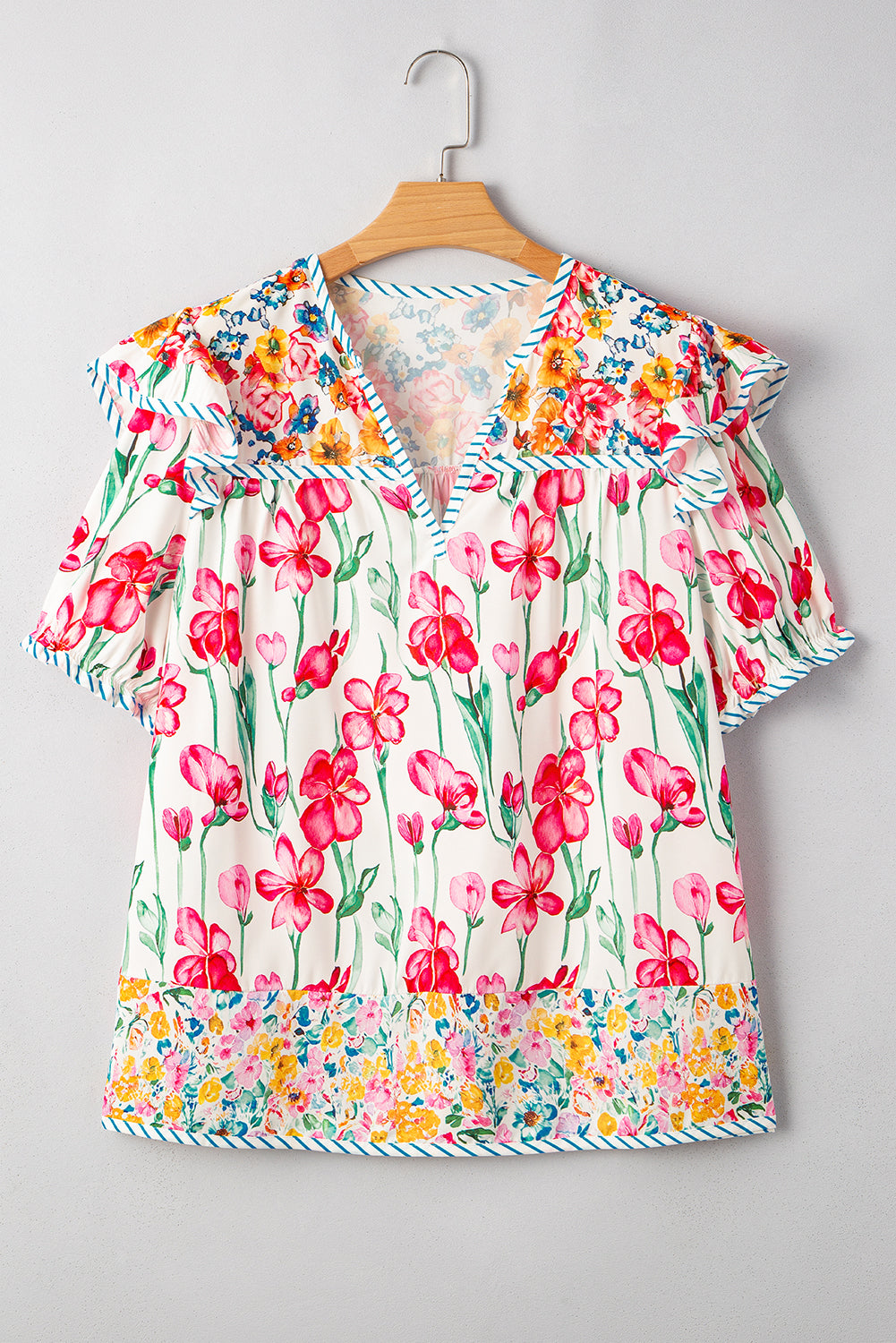 Pink Plus Size Floral Print Striped Trim V Neck Blouse fd3e57f5d1f91239