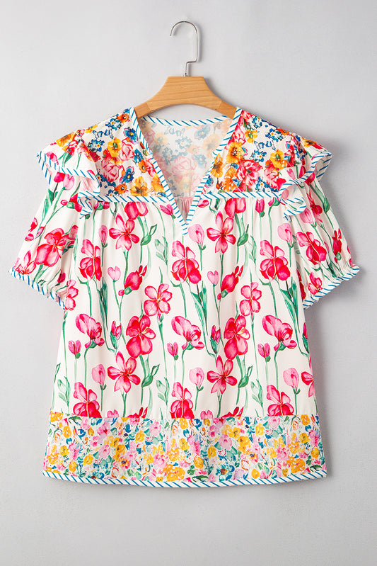 Pink Plus Size Floral Print Striped Trim V Neck Blouse fd3e57f5d1f91239