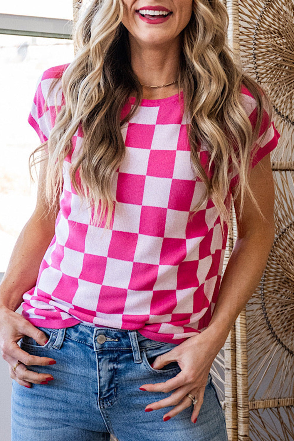 Rose Checkered Pattern Cap Sleeve Knitted Top Rose fd40c25ed7a79c69