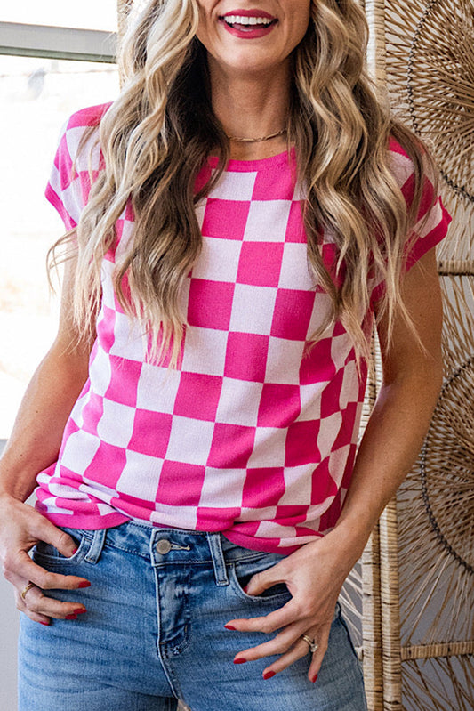 Rose Checkered Pattern Cap Sleeve Knitted Top Rose fd40c25ed7a79c69