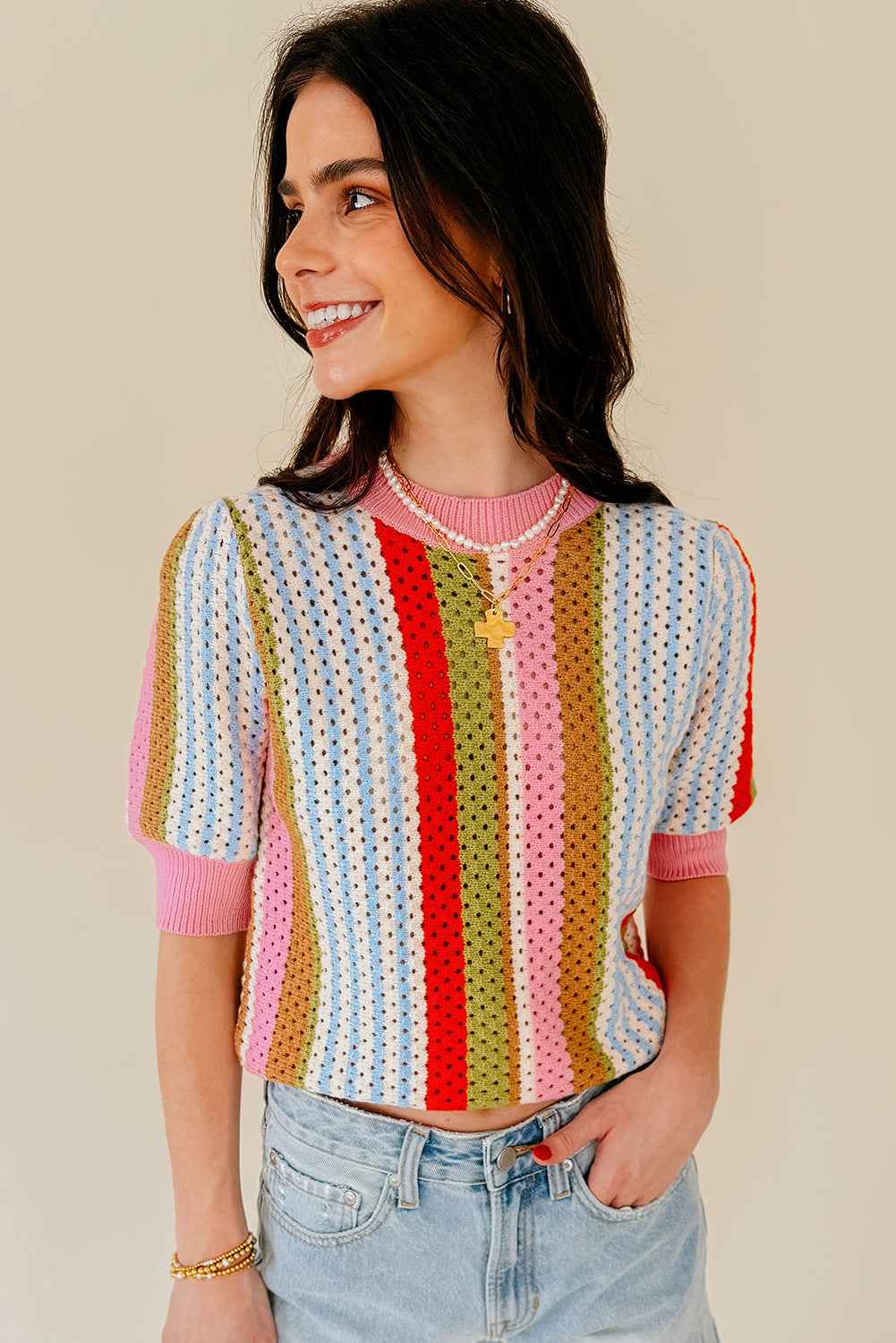 Multicolour Striped Pointelle Knit Short Sleeve Sweater fd40ced41bdf24c1