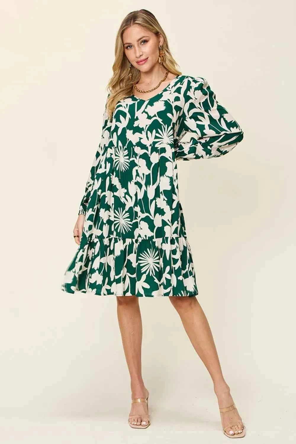 Double Take Full Size Printed Ruffle Hem Dress with Pocket fd460006-51ef-469b-ae85-eec599c9c3b9-Max
