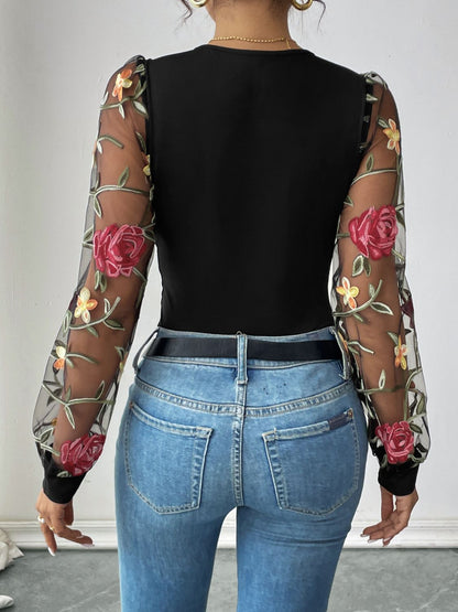 Perfee Embroidered V-Neck Long Sleeve Bodysuit