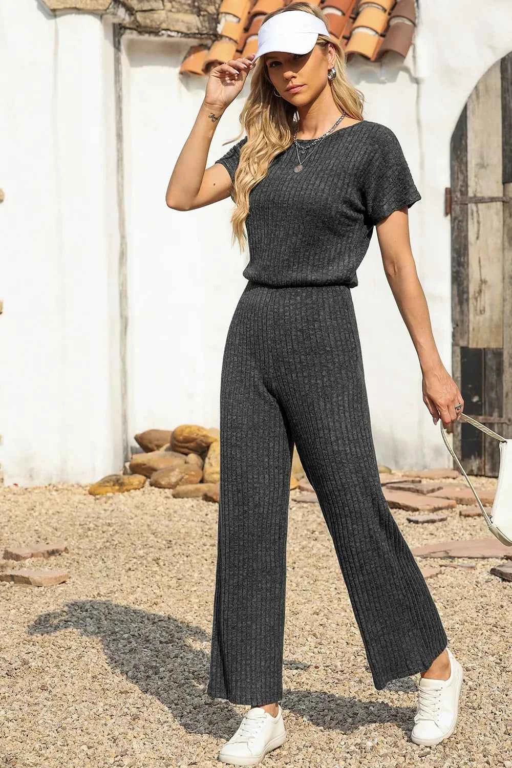 Ribbed Short Sleeve Wide Leg Jumpsuit fd481ae3-93e3-4db9-97e0-230775487ef4-Max-Origin