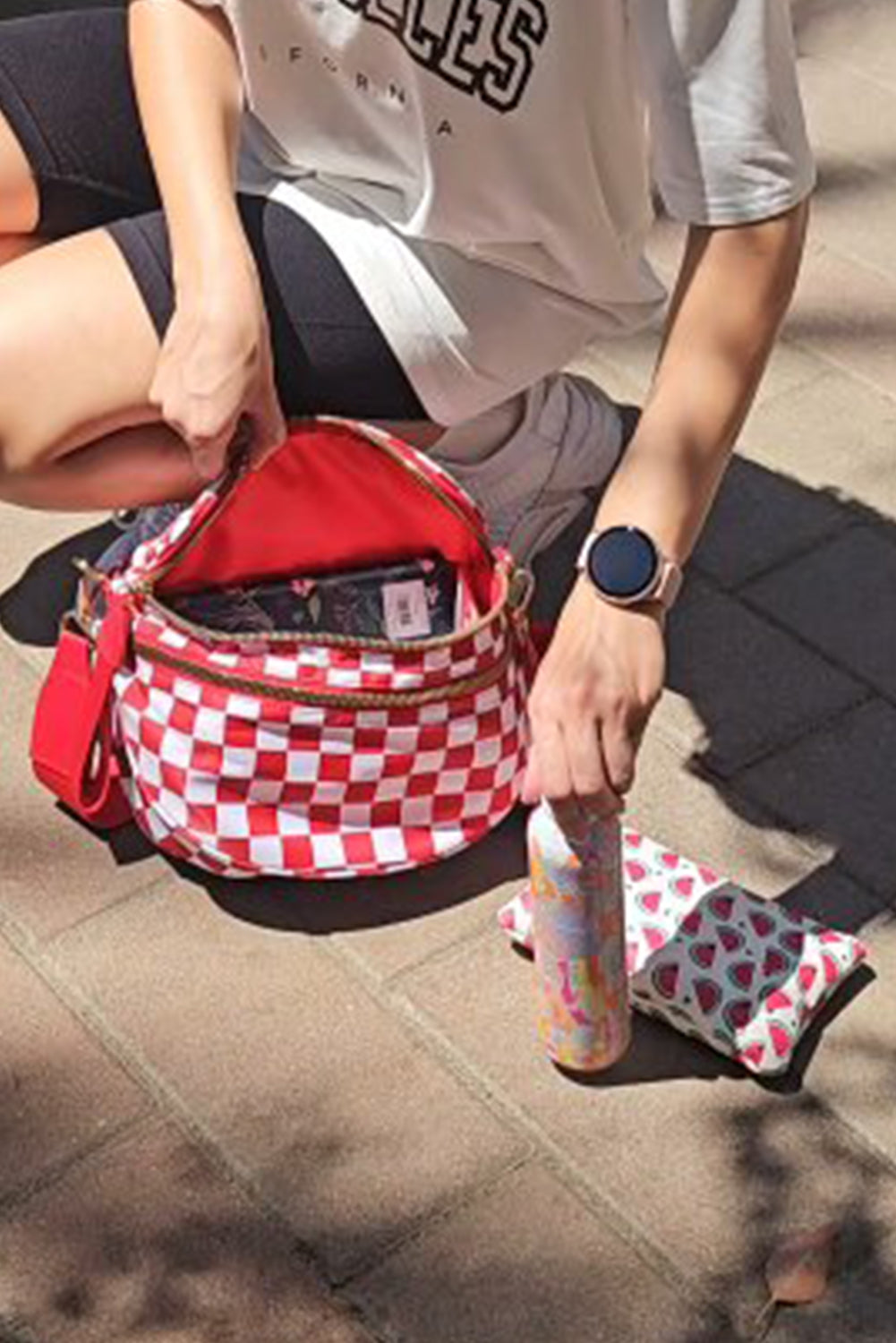 Pink Checkered Print Wide Strap Large Crossbody Bag fd4afef1d694ad91