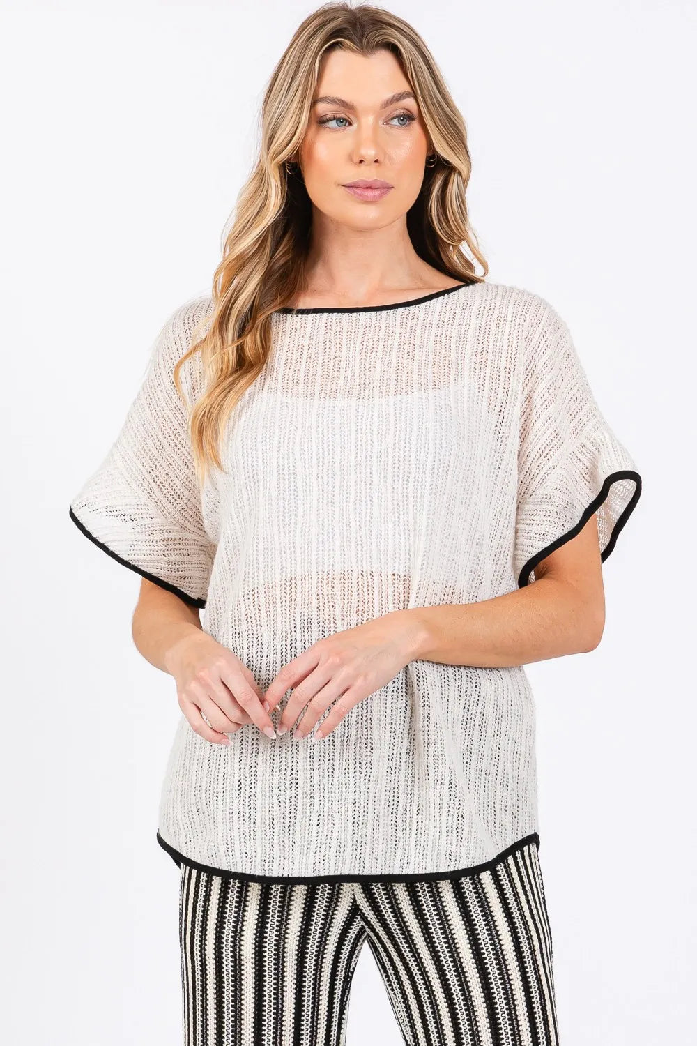 GeeGee Contrast Trim Short Sleeve Knit Cover Up Cream Black fd4cbcdc-a914-43a7-bf06-50e991080d93-Max