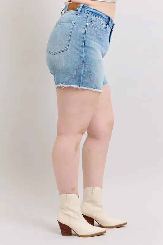 Judy Blue Full Size High Waist Western Embroidery Detail Cut Off Denim Shorts Plus Size fd57c58c-26be-4657-af44-3c98f5aee9a7-Max-Origin