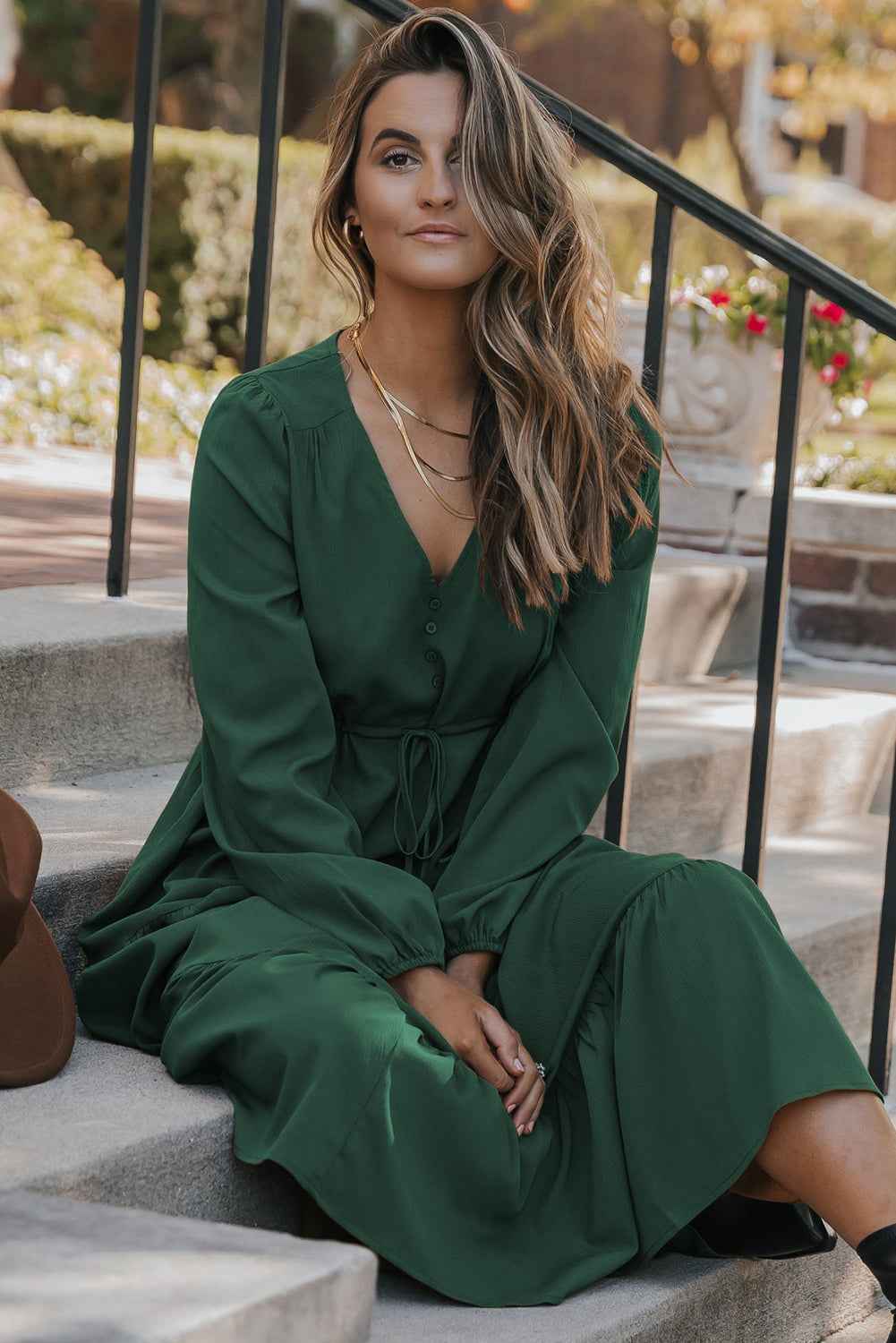 Blackish Green Solid Long Sleeve Button V Neck Tiered Maxi Dress fd58c5eb24f078d1