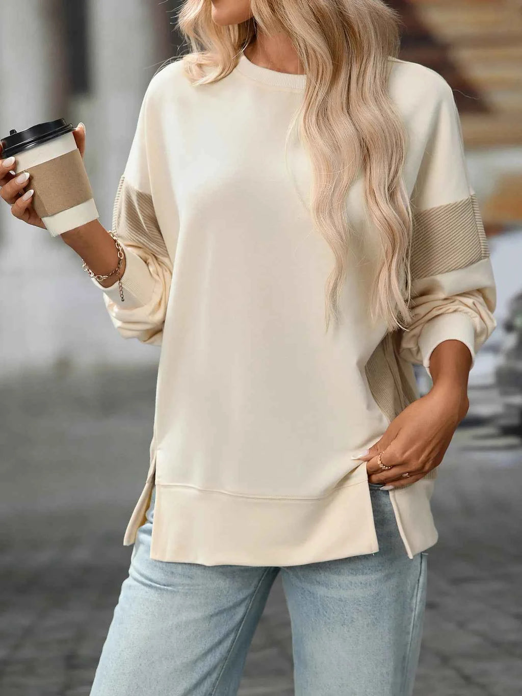 Slit Round Neck Long Sleeve Sweatshirt fd58cb3f6a224760a68f339ce629ac99-Max-Origin