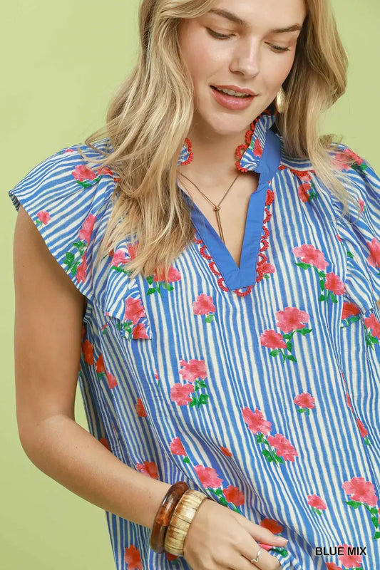 Striped Floral Ruffle Sleeve Top with Contrast Trim fd5d2570-890c-40fa-a21a-8b30897e7b14-Max-Origin