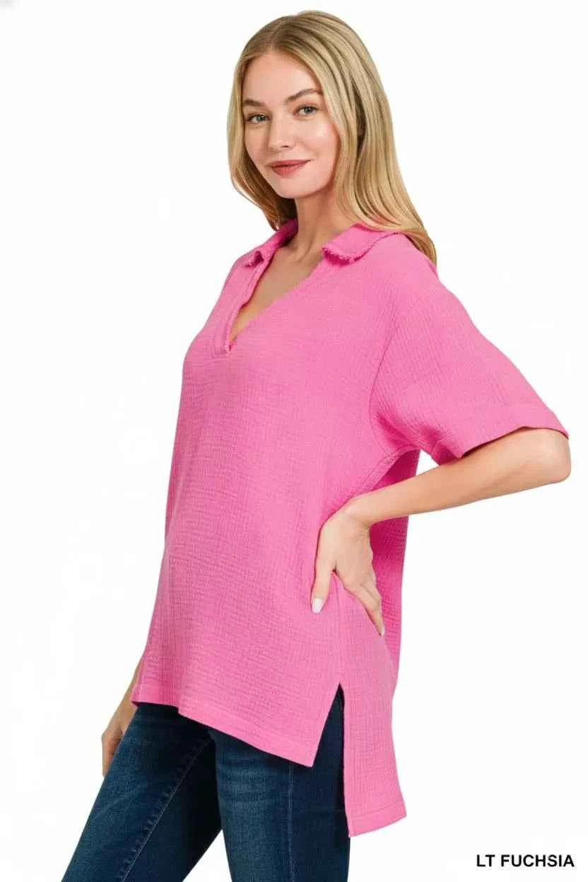 Zenana Double Gauze Short Sleeve High-Low Top fd5f720b-63d0-4630-bedd-6754e48bd534-Max-Origin