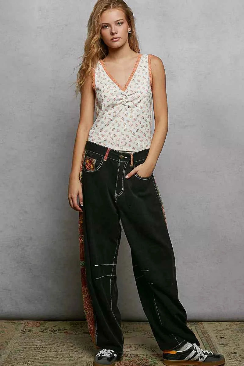 POL Ruched Floral V-Neck Tank with Lace Detail fd616ecb-e81b-4d62-afd1-23d0d861f804-Max-Origin