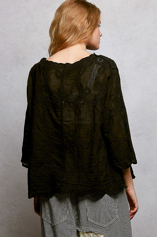 Floral Eyelet V-Neck Salloped Shirt fd68467f-2470-4ec0-86d3-4208f11bd4df-Max