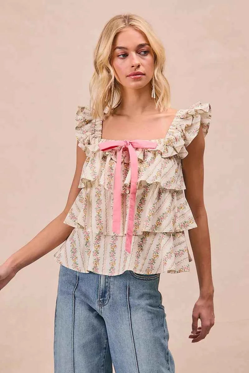 BiBi Floral Printed Woven Front Bow Tied Ruffled Square Neck Sleeveless Top fd6f100face64a378613a0330139fb4b-Max-Origin