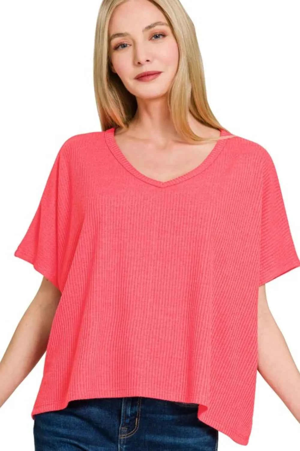 Zenana Ribbed V-Neck Short-Sleeve Knit Top CORAL fd6f977a-e1c6-4e7b-865d-2f4858bfd866-Max-Origin