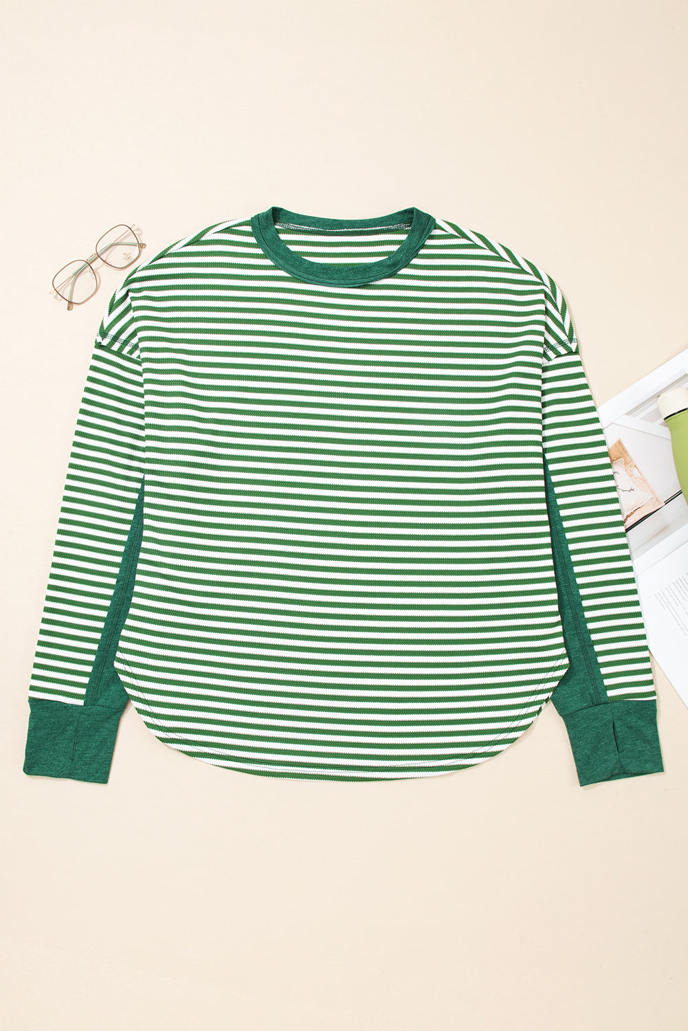 Green Stripe Exposed Seam Patchwork Plus Size Thermal Waffle Top fd7775d02295ea34